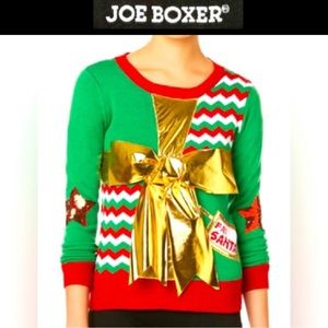 🎅🏻JOE BOXER Christmas gift wrap Sweater w/giant gold Bow Green/Red Size L EPLC
